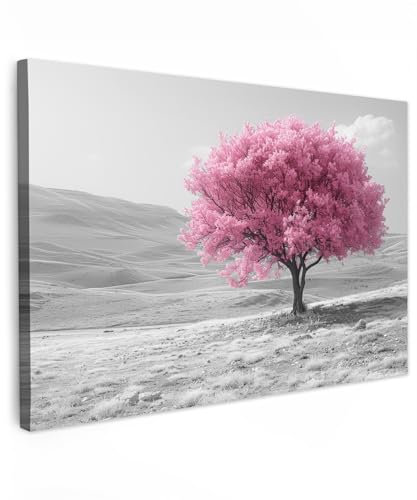 MuchoWow© Leinwandbilder Groß 120x80 cm XXL Wall Art Decoration Bilder für die Wand Schlafzimmer Deko Canvas Painting Wanddekoration Wohnzimmer Baum - Rosa - Schwarz und weiß - Natur