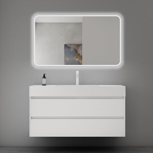 Mai & Mai Badmöbel-Set Waschtisch mit Unterschrank Deep Waschbeckenunterschrank 120x48x63cm in Weiß matt mit 2-Schubladen inkl. Waschbecken und LED-Badspiegel