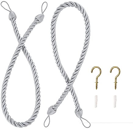 Hicello 2 PACK 68cm Curtain Tie Back | Twisted Cord Curtain Rope | Simple Window Drape Modern Curtain Holdback - Grey