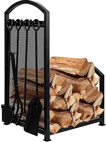 Brennholzregal, Holzscheitregal, Brennholzaufbewahrungshalter mit 4 Kaminwerkzeugen, robustes Holzregal für den Innen- und Außenbereich, Organizer, Holzaufbewahrung, Stapelbar, Zubehör für Kamin, He