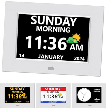 LXBYJKJ (No Power Adapter 7 Inch Digital Clock with Day and Date for Elderly Alzheimer's Clock Customizable Alarms and Medicine Reminders 3 Display Modes Large Font Digital Clocks for Seniors White
