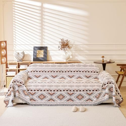 LHGOGO Azteken-Sofa-Überwurfdecke mit Quasten, geometrisch, 180 x 230 cm | Extra dicke, böhmische gewebte Überwürfe für 2-Sitzer-Sofas, Sofas und Sessel, wendbar, hochdichte Baumwollmischung