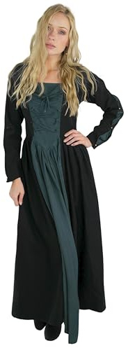 Leonardo Carbone® Damen Kleid Mittelalterkleid Medusa | Schnürung Vorne | Quadratischer Ausschnitt | Karneval, Halloween, Cosplay, LARP, Kostüm, Gewand, Baumwolle Schwarz/Blau M