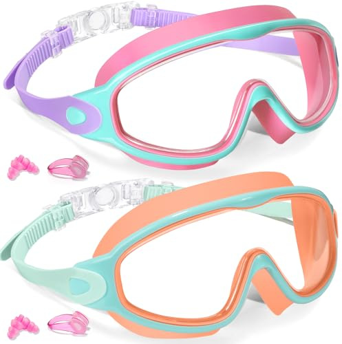 Keary 2 Pack Swim Goggles for Kids 6-14 8-14 Kids Swimming Goggles Age 3-15 4-7 4-16 8-12 For Boys Girls Youth Toddler Children Pool Water Goggle Anti Fog UV Protection Clear Wide View Waterproof Pink