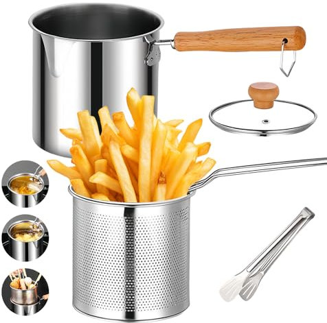 Olla para freír, olla de filtro de aceite, olla para freidora, recipiente para grasa de tocino de acero inoxidable, con colador, cesta para freír y pinzas de barbacoa, recipiente para grasa de tocino,