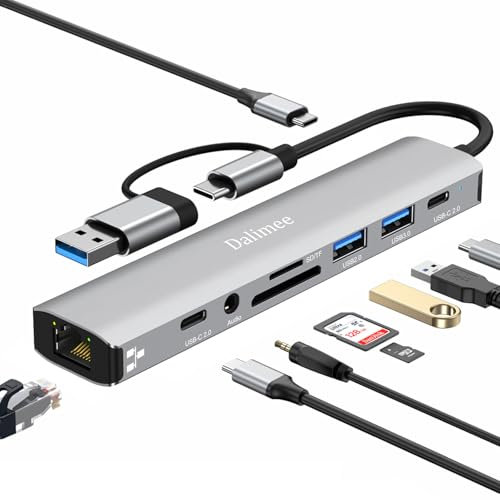 Dalimee Hub USB 3.0, 9 en 2 USB C Hub con USBA3.0, 2 USB C2.0, 1 x USB A2.0, lector de tarjetas SD y TF, Ethernet 100 Mbps y audio de 3,5 mm, estación de acoplamiento para iPhone, MacBook, iPad