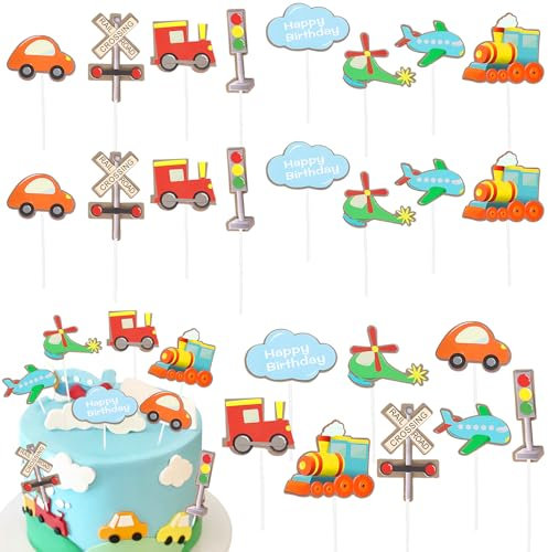 Alovez 24 Stück Transport Kuchendeckel, Transport Cupcake Toppers, Zug Flugzeug Muffin Deko, Kinder Geburtstag Party Torte Deko für Kindergeburtstage, Mottopartys