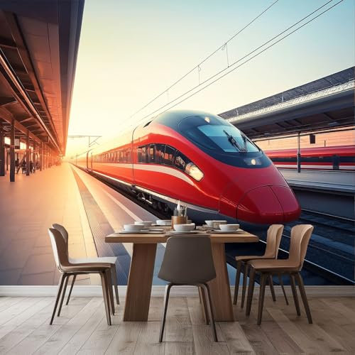 Fototapete 3D Effekt Modernes Transportmittel Zug Bahnsteig Vliestapete Wohnzimmer Schlafzimmer Vlies Tapete Wandtapete UV-Beständig 300 x 210 cm Fototapete Study Zimmer Restaurant Deko, Rot Grau