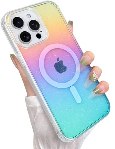 Heaofei Glitter Case for iPhone 14 Pro Case for Women Girls [ Compatible with Magsafe ] Clear Cute Girly Aesthetic Iridescent Rainbow Sparkly Bling Magnetic Phone Cover, Gradient Blue & Pink
