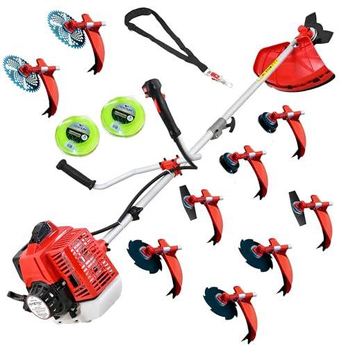 Synergy Desbrozadora Gasolina 10 en 1-65cc 4,9cv-Motor 2 Tiempos-Disco 3 Puntas, 2 de 2 Puntas, 3 de 8 Puntas, 2 de Widea, 2 Cabezales Hilo Automático, Arnés Profesional, Kit de Protección y 20m Hilo