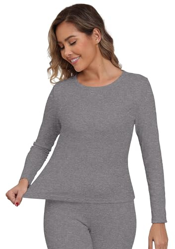 IWOLLENCE Thermal Long Sleeve Top Women Ladies Thermals T Shirt Base Layer Thermal Underwear Warm Fleece Vest Winter Thermal Wear (Grey, M)