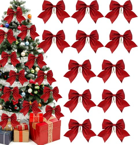 QXNDXQ 12pcs Weihnachtsschleifen, Glitzer Schleifen Weihnachten, Große Weihnachtsbaumschleife, Rot Weihnachtsbaum Bogen für Weihnachten Dekoration, Familienfeiern, Hochzeitsfeiern