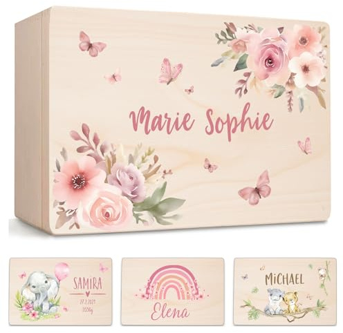Little Deco Baby Erinnerungsbox personalisierte Holzkiste, Aufbewahrungsbox mit Namen, Blumen Schmetterlinge, Geschenk zur Geburt & Taufe, Geburtstag für Mädchen XHL1148-1-L