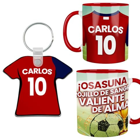 Kembilove® Pack Taza y Llavero Fútbol Osasuna Personalizados | Nombre y Número | Regalo Rojillo Original para Aficionados Niños y Adultos
