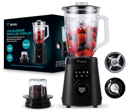 ARIVA Standmixer 1000W mit 1,5L Glasbehälter & Kaffeemühle, Smoothie Maker & Ice Crusher mit LED-Touch-Display, 6 Edelstahlklingen, Auto-Clean, Mixer für Shakes & Suppen, Schwarz
