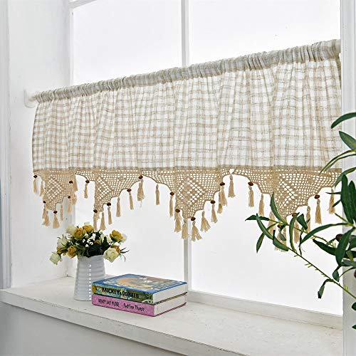 Halbtransparent Scheibengardine Quaste Baumwoll Gardinen Landhausstil Küchenvorhang Beige Kurzvorhang Handgehäkeltes Bistrogardine Schick Cafe Kurz Kleine Fenster Kurzstores, 45×150cm (H×B), 1Stück