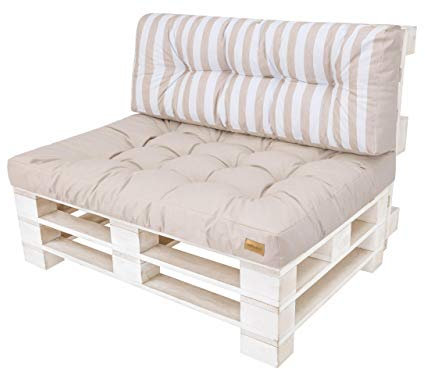 HOBBYGARDEN Palettenkissen Set (Sitzkissen 120x80 cm und Rückkissen 120x40 cm) Palettenauflagen Palettensofa Palettenpolster Outdoor - Ecru mit Streifen
