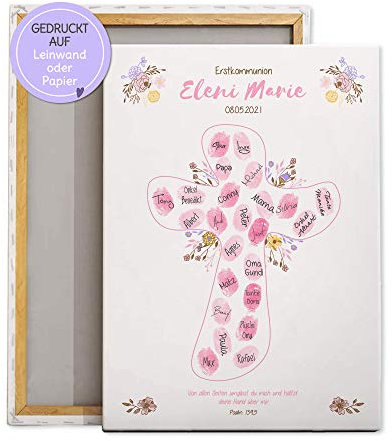 Feenstaub Personalisierbarer Fingerabdruck-Print mit Name und Spruch für Erstkommunion, Konfirmation, Firmung oder Jugendweihe, Kreuz, Alternative zum Gästebuch, Geschenkidee