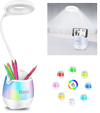 Schreibtischlampe für Kinder, Shuniu 20 LED Dimmbare Tischlampe mit 3 Helligkeitsstufen, RGB 256 Farblicht Bettlampe & Leselampe, Schreibtischleuchte mit Handyhalter Nachtlicht für Arbeiten Studieren