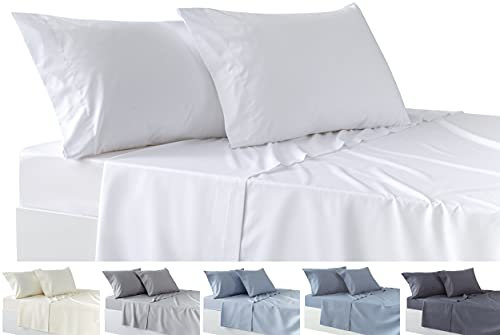 Todocama Bettwäsche-Set, 4-teilig, Spannbettlaken, Bettlaken, 2 Kissenbezüge, 50 x 80 cm, für Betten mit 180 x 180 x 190/200 cm, Weiß