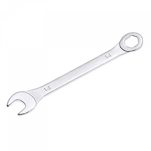 sourcing map Llave combinada delgada con extremo acodado de 6 puntas y extremo abierto en ángulo, sistema métrico de acero al carbono cromado espejo, 14 mm