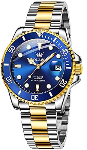 OLEVS Automatic Watches for Men Two Tone Stainless Steel Band Self Winding Mens Watches Big Face Blue Rotating Bezel Mechanical Watch Men Waterproof Luminous with Date Dress Mens Watch