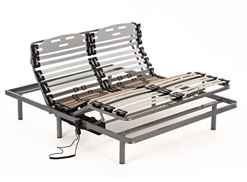 NALUI - Somier para Cama 150 x 180 cm con Patas ProCare, 11 Láminas Madera de Haya de 10 cm y Estructura de Acero. Somier Eléctrico Articulado en 5 Planos con Mando y Cursores para Regular la Firmeza