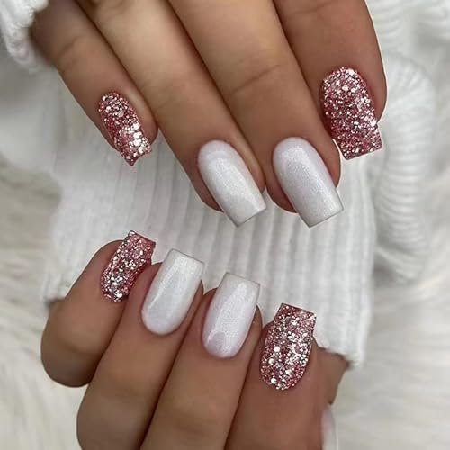 Handcess Faux Ongles Français Carré Blanc Blanc Rose Moyen Faux Ongles Acrylique Paillettes Cercueil Faux Ongles 24Pcs pour Femmes et Filles