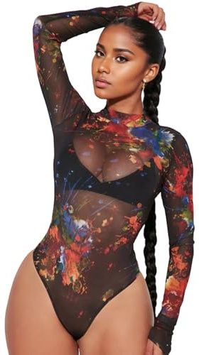 AVZXSA Women's Printed Mesh Long Sleeve Bodysuit Mock Neck Top Black Large