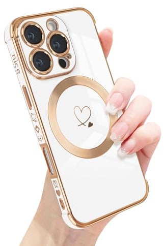Newseego Magnetic Phone Case for iPhone 16 Pro [Compatible with Magsafe], Cute Love Heart Pattern Girls Women Soft TPU Shockproof Camera Protection Cover for iPhone 16 Pro-White
