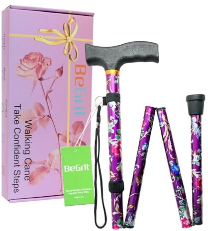 BeGrit Gehstock Damen Faltbar Gehstock Elegant Geschenke Klappbar Aluminium Einstellbar Spazierstock Verstellbarer Gehstöcke für Mother Damen Geburtstag Thanksgiving (Violett + Geschenkbox)