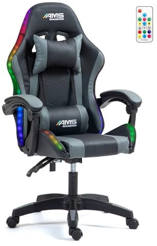 AMS-GAMING Chaise Gamer#02-Grey-LED - Coloris Noir & Gris - LED RGB 358 Effets - Télécomande - Coussins Lombaire & appuie-tête