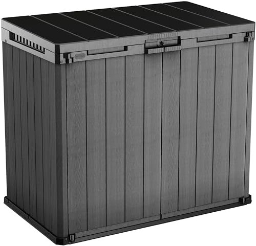 Keter Store-It-Out Darwin Storage Cabinet 1150 L - Weatherproof Wheelie Bin Box with Wood Look - Lockable Garden Box - for 2 x 240 L Bins - 141 x 82 x 118 cm Grey