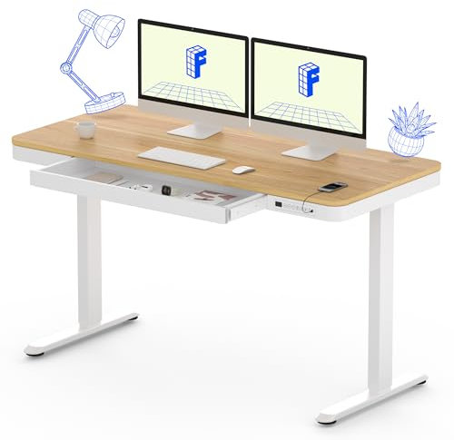 FLEXISPOT Q3 Höhenverstellbarer Schreibtisch mit LED-Höhenanzeige, Memory-Funktion und USB, Elektrischer Schreibtisch mit Schublade für Homeoffice 140 x 70 cm (Naturahorn)