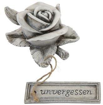 CULT at home Grabschmuck Rose „unvergessen“ – Grabdekoration Allerheiligen Steinrosen Grab Deko Grabstein – Rose Gedenkstein fürs Grab Friedhof – aus Kunstharz Grau ca. 10 x 10 cm