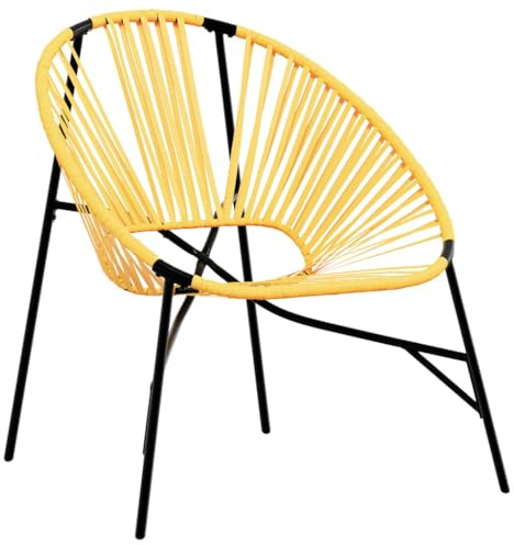 PTUGUOF Poly Rattan Gartenstuhl Ei-Form Schwarz Gelb, PE-Rattan Sessel mit Armlehnen und Rückenlehne, Stabiler pulverbeschichteter Stahlrahmen für den Außenbereich