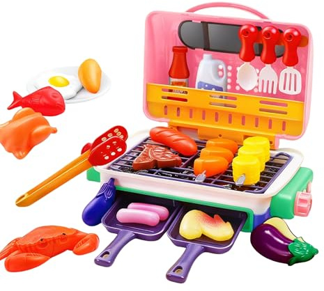 Kids BBQ Grill Toys Set,Kitchen Playset with Spray Sound & Color-Changing,Grill Cooking Playset Role Play Toys,Pretend Play Toys for 3 4 5 Year Old Girls Boys Gifts (Pink)