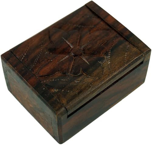 GURU SHOP Beschnitzte Holzdose, Schatztruhe, Schmuck Schatulle - Blume, Size:klein (3x7x5 cm)