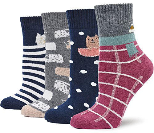 Ladies Womens Thick Winter Thermal Socks Cotton Crew Novelty Socks Casual Cartoon Socks, UK women s shoe 3-10, Dark Colour - 4 Pairs