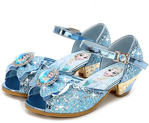 FStory&Winyee Sandales Princesse Enfant Filles Reine des Neiges Bouche Poisson Talons Hauts Chaussures Ballerines Elsa Arc Charmant Doux Cosplay Déguisement Ceremonie et Fêtes,Bleu,29