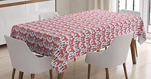 ABAKUHAUS Ethnisch Tischdecke, Folk Dala Pferd mit Blumen, Schmutzabweisend Pflegeleicht Waschbar Druck Mit Klaren Farben ohne Verblassen, 140 x 200 cm, Dunkle Coral Indigo und Weiß