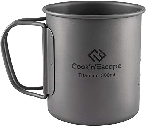 COOK'N'ESCAPE Ultraligero 300 ml titanio taza de café camping con mango plegable para mochileros al aire libre senderismo fuego abierto