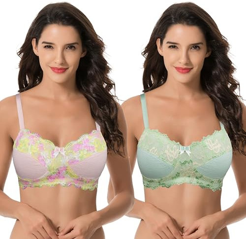 Curve Muse aux Femmes Grande Taille Minimiseur sans Fil Soutien-Gorge sans Doublure avec Garniture en Dentelle - Paquet de 2-Rose Clair, Vert Clair-125C