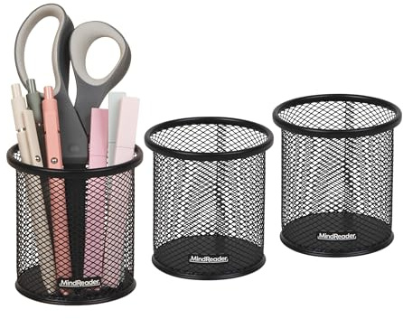 Mind Reader Pen and Accessories Holder, Desktop Organizer, Office, Metal Mesh, 3.5L x 3.5W x 3.75H, Set of 3, Black