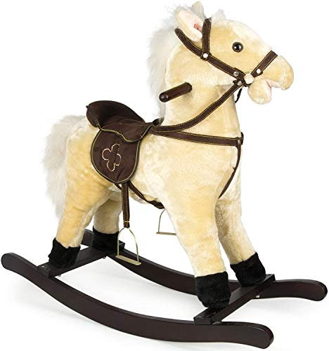 Leomark Caballo balancín de Peluche, Color Beige clásico, Dim: 74 x 30 x 70 cm, Columpio para niños, Juguete con música: Sonidos de Galop