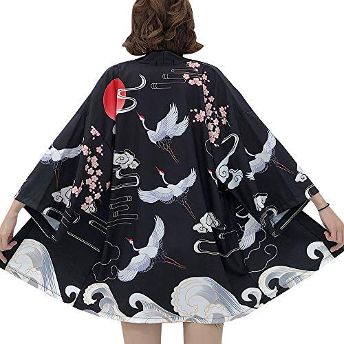 YM YOUMU Damen Japanisch Kimono Mantel Locker Strickjacke Jacke Retro Outwearlinie Haori (A-Schwarz, One Size)