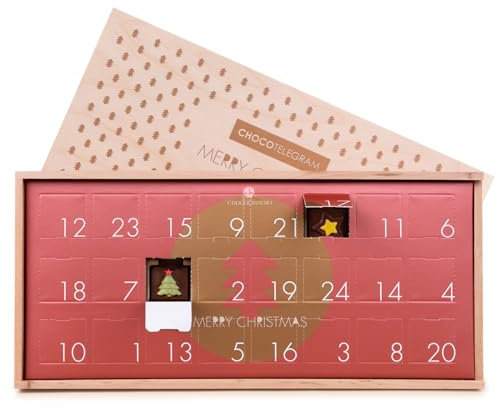 Adventskalender Schokolade - Weihnachtskalender mit 24 Schokoladentäfelchen in Holzkästchen - Alkoholfrei - Geschenk für Kinder, Erwachsene, Frauen, Männer, Eltern - Frohe Weihnachten, 24 Stück