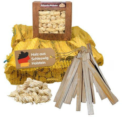 Landree Anfeuerholz-Spar-Set, 6 kg + 65 Stück Holzwolle Anzünder und Anmachholz, Holzwolle für Kamin, Ofen, Kaminofen, Grill und Smoker, nachhaltige Qualität aus Schleswig Holstein