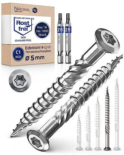 Vis de terrasse 5x70 acier inoxydable C1 Vis Torx 5mm d'épaisseur 500 vis à bois Torx 70mm de long vis en acier inoxydable durci y compris 2x embouts Torx