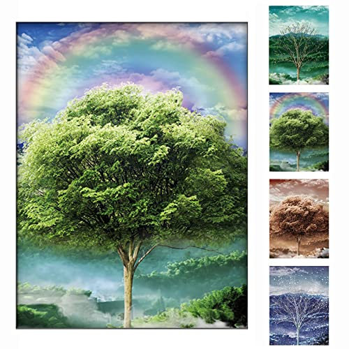 Vierjahreszeiten-Baum-3D-Poster, Wandkunst, Dekordruck, schöne Naturszene mit wechselnden vier Jahreszeiten, Frühling, Sommer, Herbst, Winter, Landschaft, Wandbild, optische Täuschung, Flippbilder und